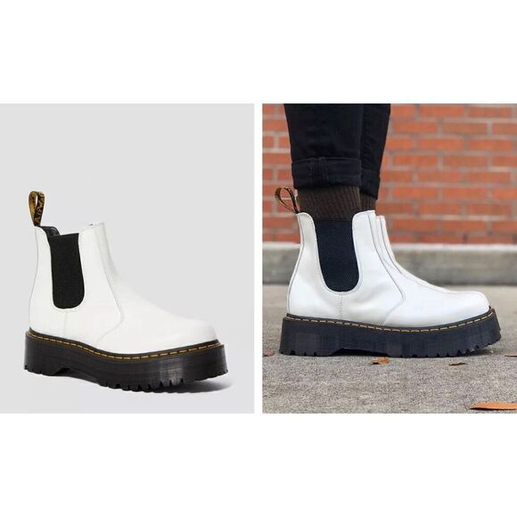 NEW 2976 SMOOTH LEATHER PLATFORM CHELSEA BOOTS WHITE - Picture 1 of 13